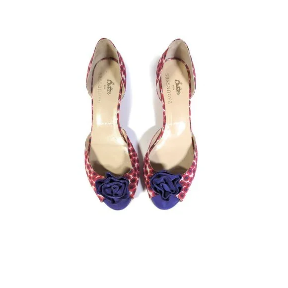 BUTTER D'Orsay Kitten Heels Sz 8.5 Red & Purple Peep toe Pumps Italy